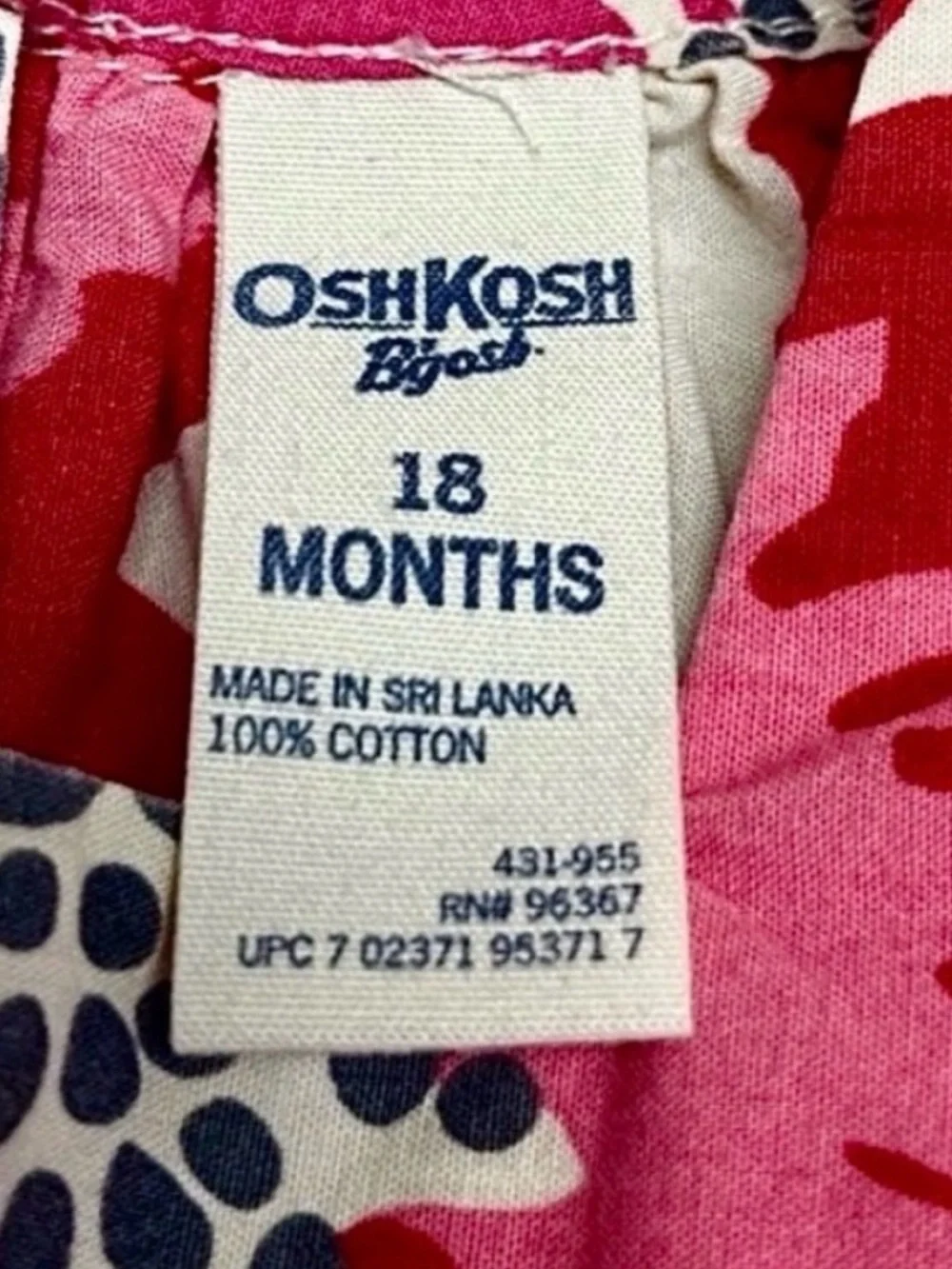 OshKosh B’gosh Girls 18M Floral Cotton Long Sleeve Dress Pink Red
